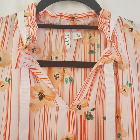 Elle semi sheer peach stripe & floral ruffle neck blouse medium - Picture 3 of 9